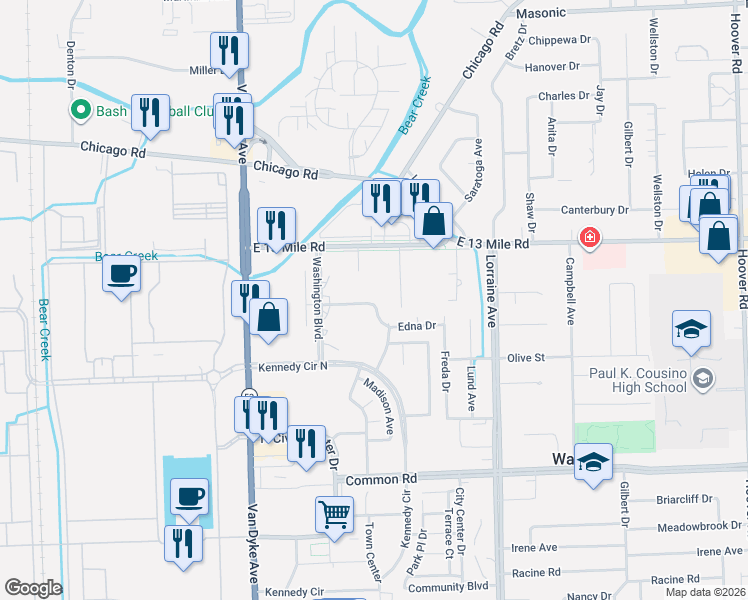 map of restaurants, bars, coffee shops, grocery stores, and more near 8272 Karam Boulevard in Warren