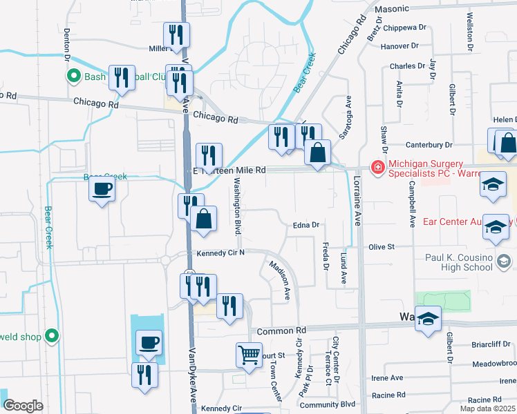 map of restaurants, bars, coffee shops, grocery stores, and more near 8224 Karam Boulevard in Warren