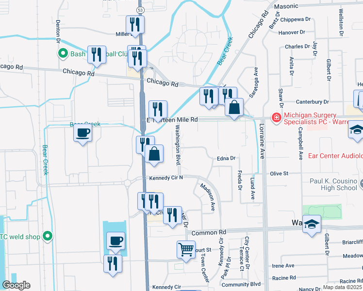 map of restaurants, bars, coffee shops, grocery stores, and more near 8224 Karam Boulevard in Warren