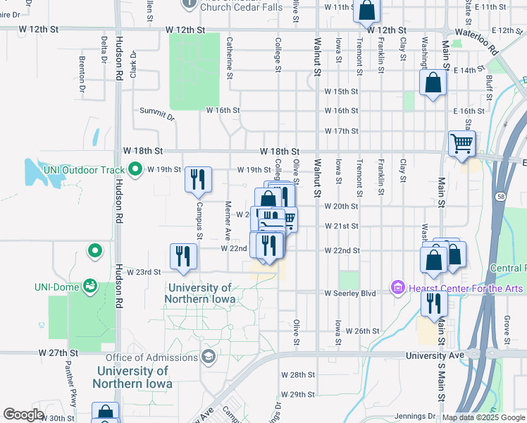 map of restaurants, bars, coffee shops, grocery stores, and more near 2025 College Street in Cedar Falls