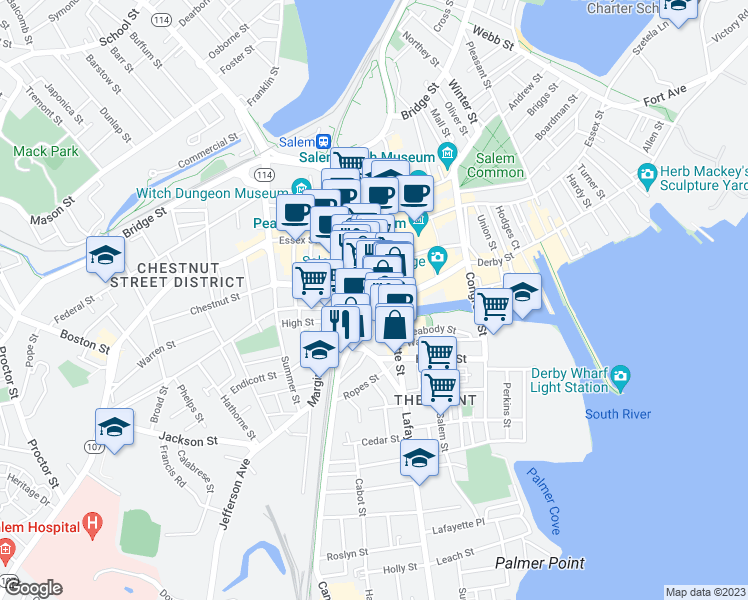 map of restaurants, bars, coffee shops, grocery stores, and more near 29 New Derby Street in Salem