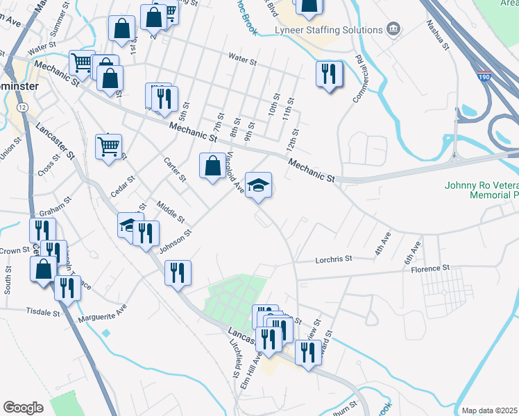 map of restaurants, bars, coffee shops, grocery stores, and more near 95 Viscoloid Avenue in Leominster