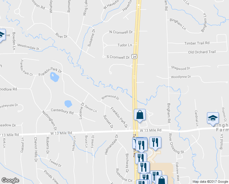 map of restaurants, bars, coffee shops, grocery stores, and more near 24762 Riverwood Drive in Franklin
