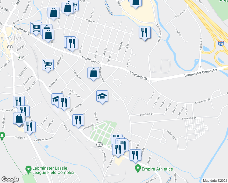 map of restaurants, bars, coffee shops, grocery stores, and more near 95 Viscoloid Avenue in Leominster
