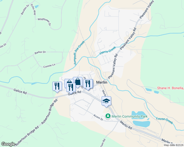 map of restaurants, bars, coffee shops, grocery stores, and more near 361 Peach Street in Merlin