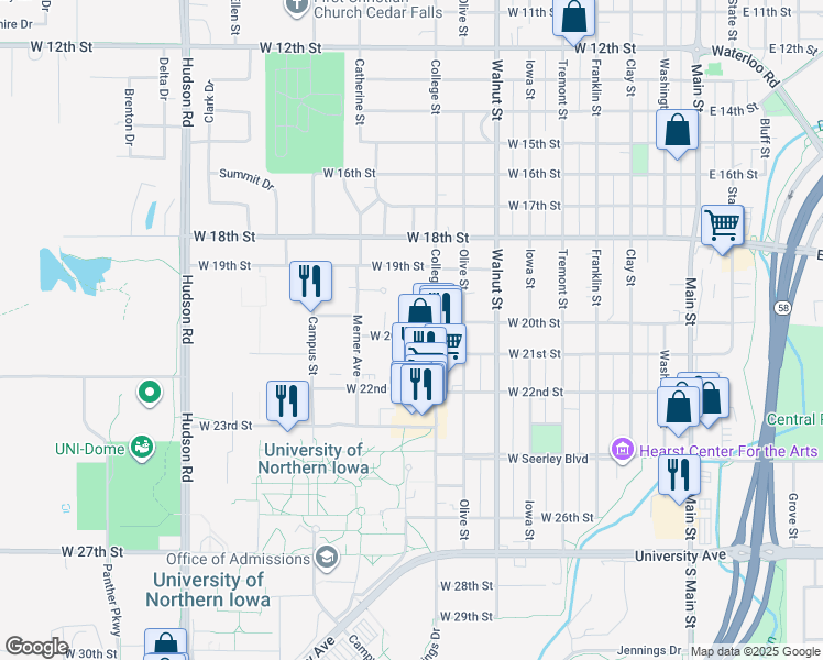 map of restaurants, bars, coffee shops, grocery stores, and more near 2025 College Street in Cedar Falls