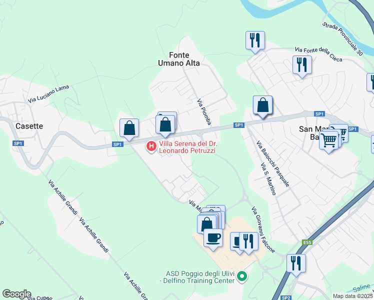 map of restaurants, bars, coffee shops, grocery stores, and more near 54 Via Petruzzi Leonardo in Fonte Umano-san Martino Alta