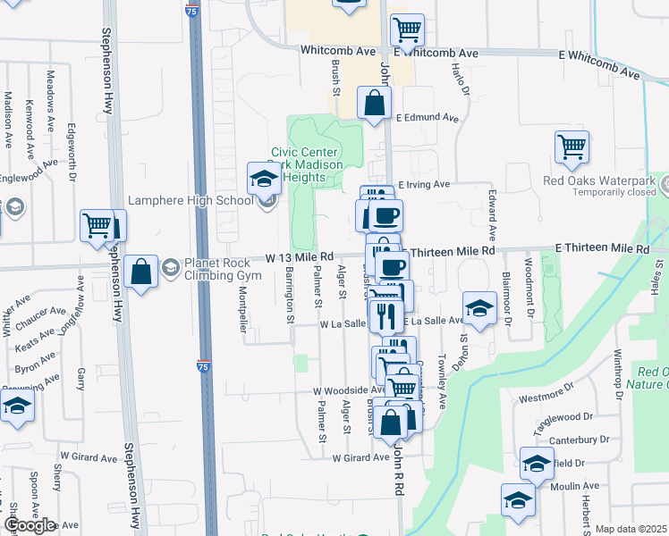 map of restaurants, bars, coffee shops, grocery stores, and more near 30799 Alger Street in Madison Heights