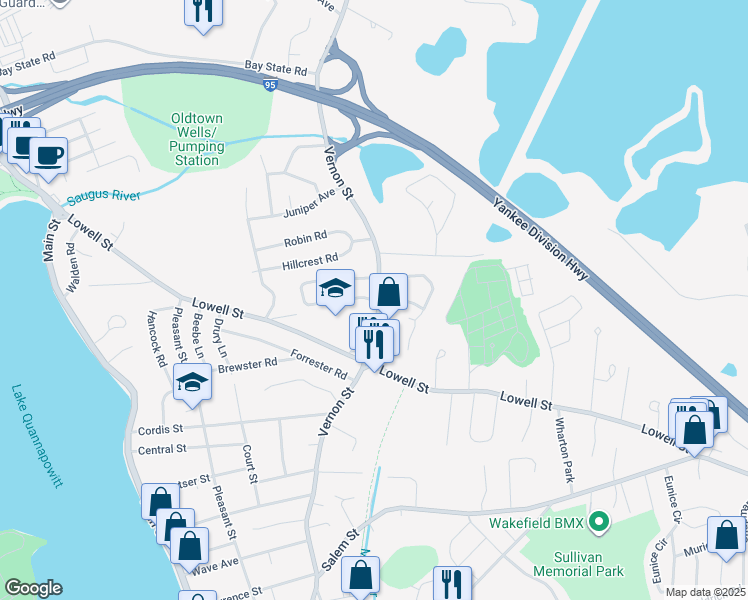 map of restaurants, bars, coffee shops, grocery stores, and more near 1 Woodcrest Drive in Wakefield