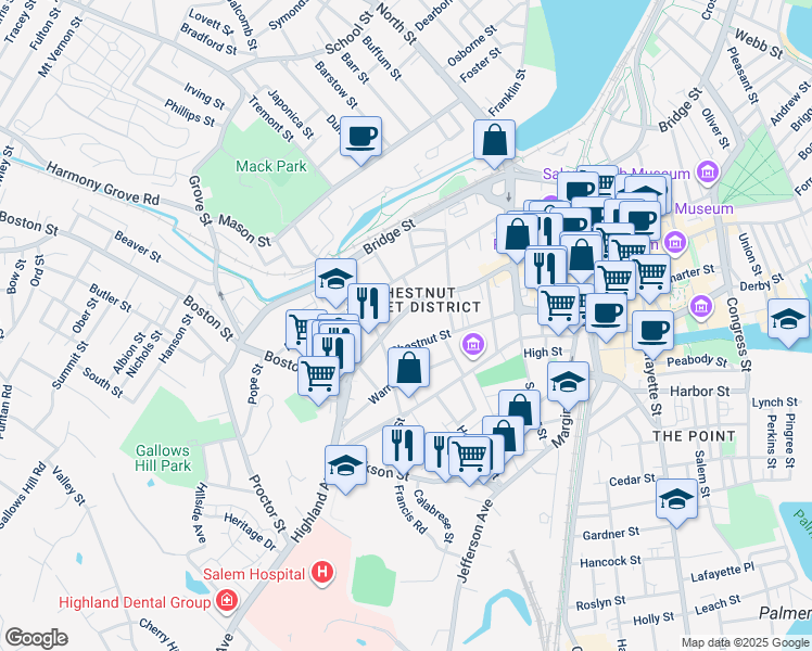 map of restaurants, bars, coffee shops, grocery stores, and more near 48 Chestnut Street in Salem