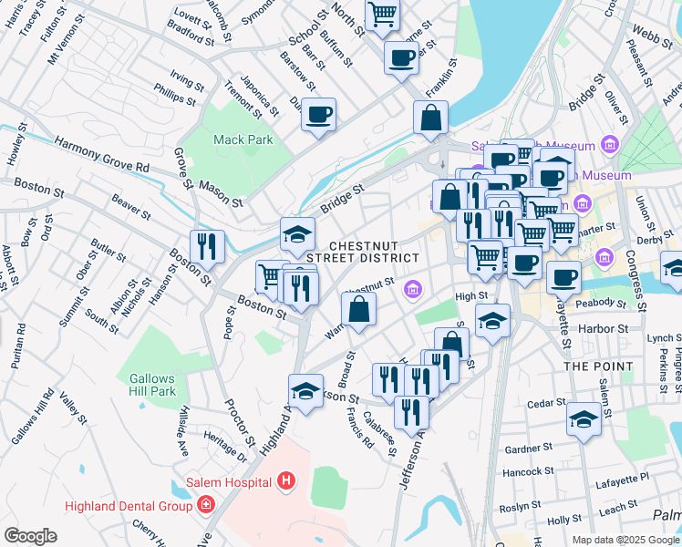 map of restaurants, bars, coffee shops, grocery stores, and more near 48 Chestnut Street in Salem