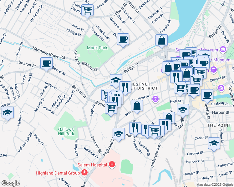 map of restaurants, bars, coffee shops, grocery stores, and more near 2 North Pine Street in Salem