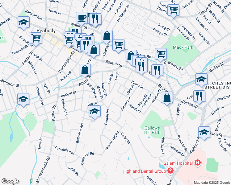 map of restaurants, bars, coffee shops, grocery stores, and more near 5 Wall Street Court in Salem