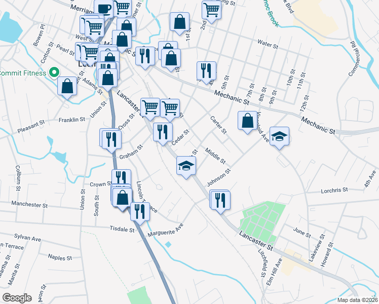 map of restaurants, bars, coffee shops, grocery stores, and more near 176 Lancaster Street in Leominster