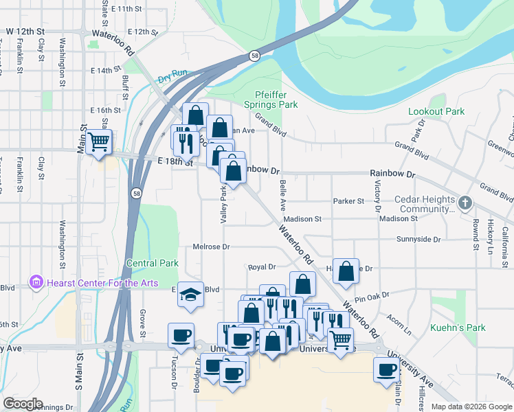 map of restaurants, bars, coffee shops, grocery stores, and more near 924 Madison Street in Cedar Falls
