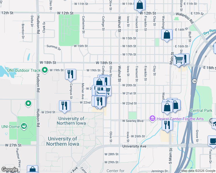 map of restaurants, bars, coffee shops, grocery stores, and more near 2022 College Street in Cedar Falls