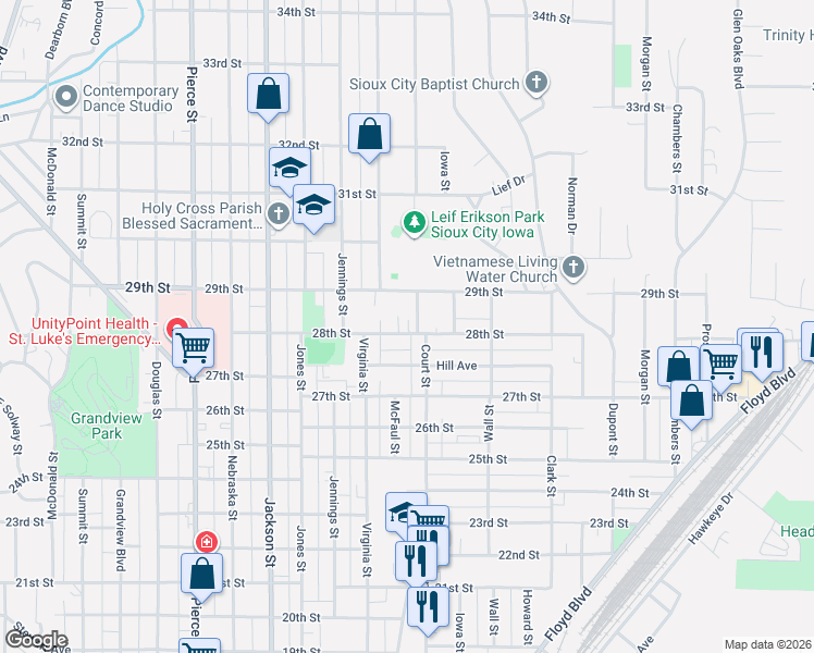 map of restaurants, bars, coffee shops, grocery stores, and more near 1006-1016 28th Street in Sioux City