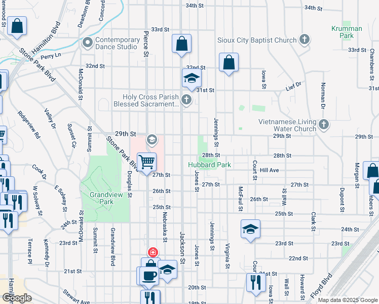 map of restaurants, bars, coffee shops, grocery stores, and more near 2704 Jackson Street in Sioux City