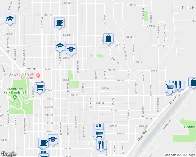 map of restaurants, bars, coffee shops, grocery stores, and more near 1111 28th Street in Sioux City