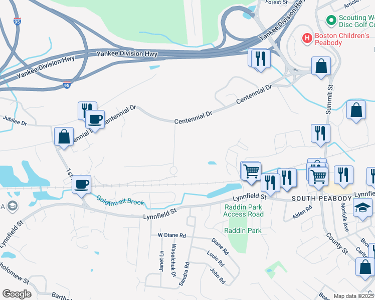 map of restaurants, bars, coffee shops, grocery stores, and more near 2 Technology Drive in Peabody