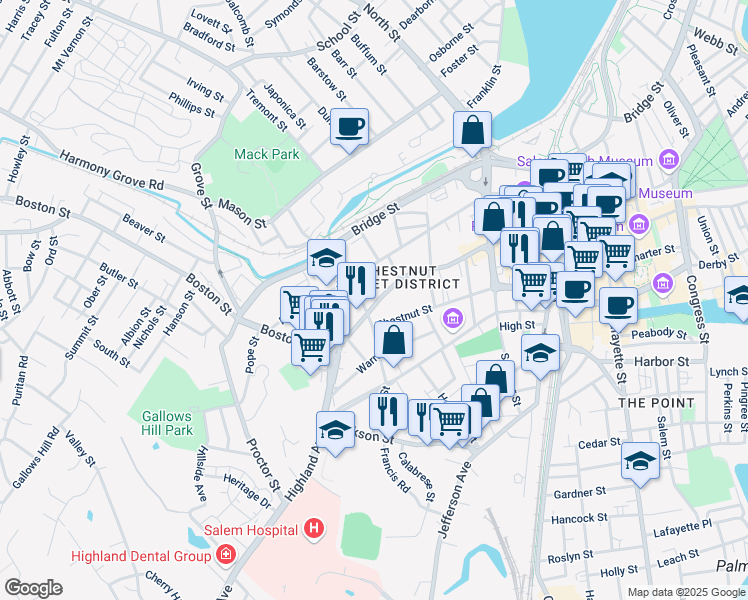 map of restaurants, bars, coffee shops, grocery stores, and more near 48 Chestnut Street in Salem