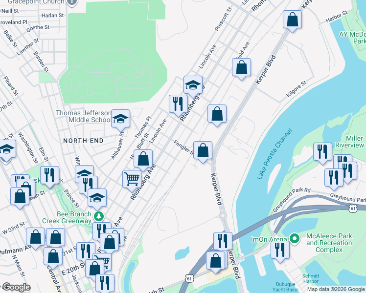 map of restaurants, bars, coffee shops, grocery stores, and more near Fengler Street in Dubuque