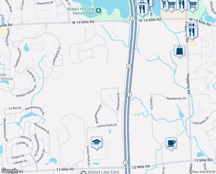 map of restaurants, bars, coffee shops, grocery stores, and more near 30233 Viewcrest Drive in Novi