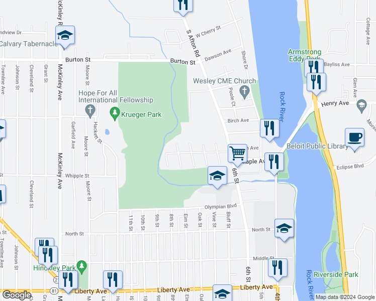 map of restaurants, bars, coffee shops, grocery stores, and more near 1602 Oak Street in Beloit
