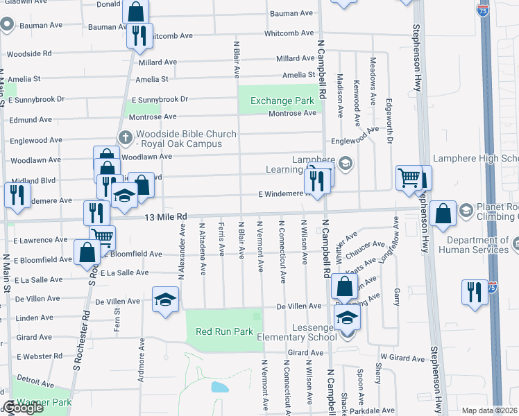 map of restaurants, bars, coffee shops, grocery stores, and more near 3215 North Vermont Avenue in Royal Oak