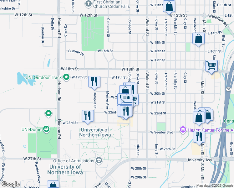 map of restaurants, bars, coffee shops, grocery stores, and more near 1013 West 20th Street in Cedar Falls