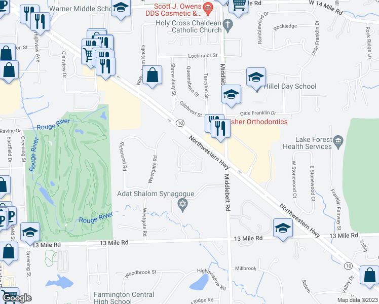 map of restaurants, bars, coffee shops, grocery stores, and more near 29925 Summit Drive in Farmington Hills