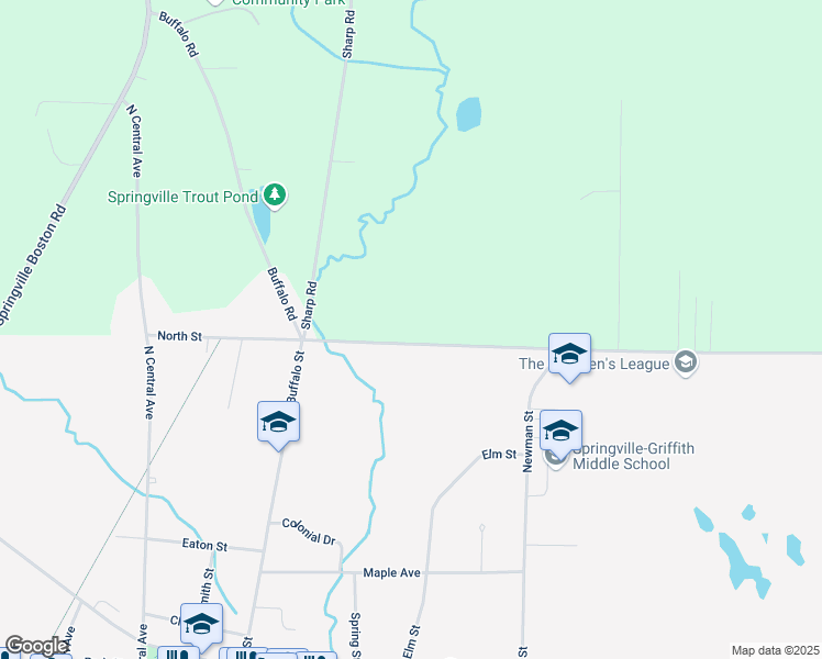 map of restaurants, bars, coffee shops, grocery stores, and more near 125 North Street in Springville