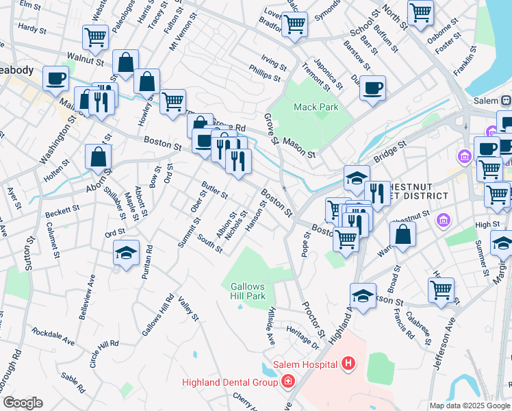 map of restaurants, bars, coffee shops, grocery stores, and more near 20 Hanson Street in Salem