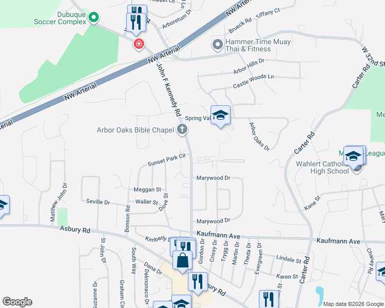 map of restaurants, bars, coffee shops, grocery stores, and more near 3280 Raven Oaks Drive in Dubuque