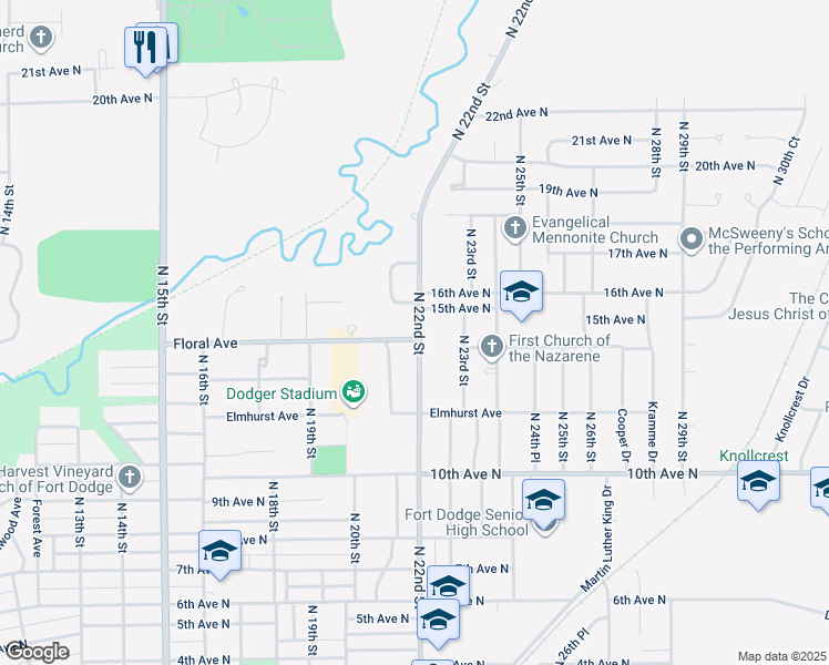 map of restaurants, bars, coffee shops, grocery stores, and more near 1320 North 22nd Street in Fort Dodge
