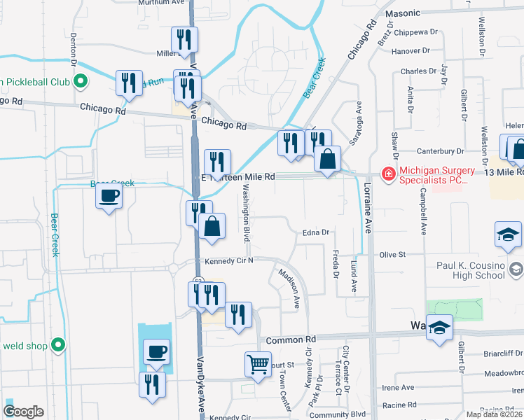 map of restaurants, bars, coffee shops, grocery stores, and more near 8235 Karam Boulevard in Warren