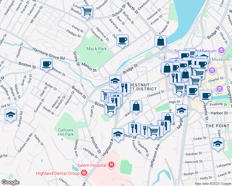 map of restaurants, bars, coffee shops, grocery stores, and more near 161 Federal Street in Salem
