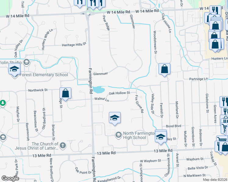 map of restaurants, bars, coffee shops, grocery stores, and more near 33208 Walnut Lane in Farmington Hills