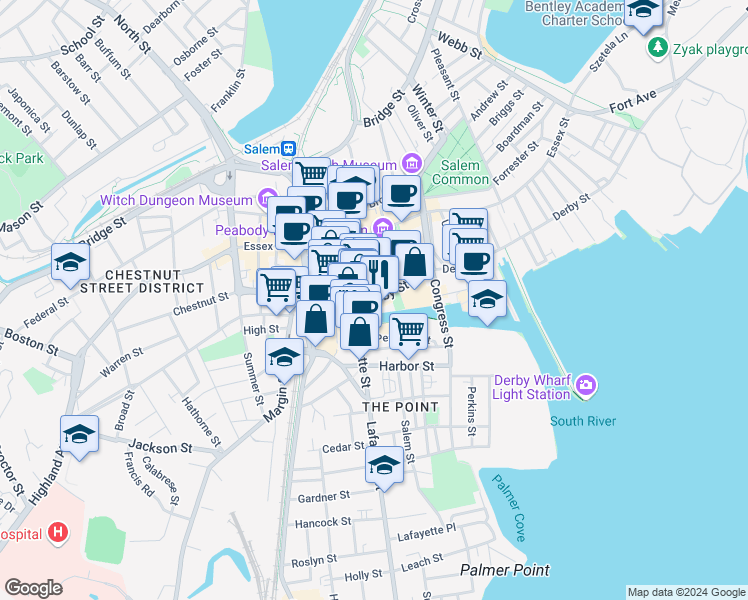 map of restaurants, bars, coffee shops, grocery stores, and more near 318 Derby Street in Salem