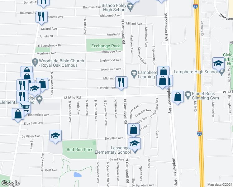 map of restaurants, bars, coffee shops, grocery stores, and more near 1519 East 13 Mile Road in Royal Oak