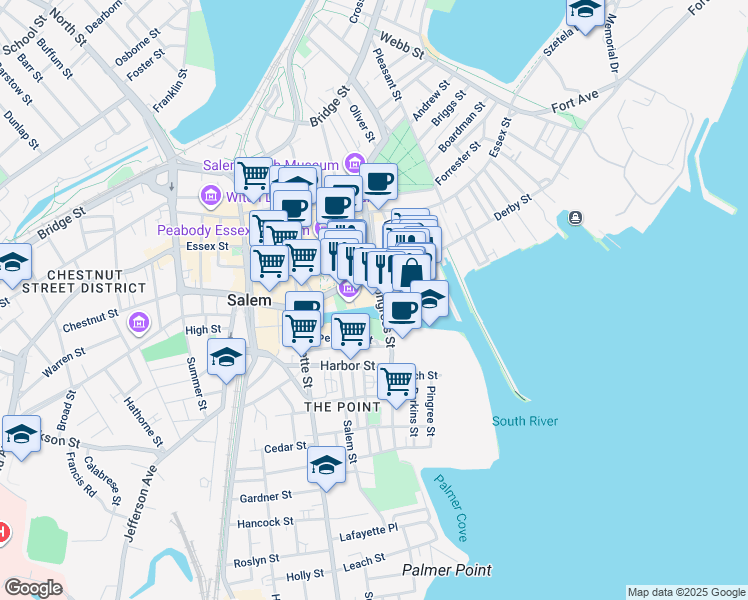 map of restaurants, bars, coffee shops, grocery stores, and more near 24 Congress Street in Salem