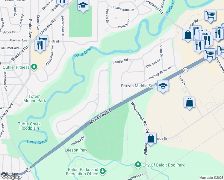 map of restaurants, bars, coffee shops, grocery stores, and more near 1700 Morgan Terrace in Beloit