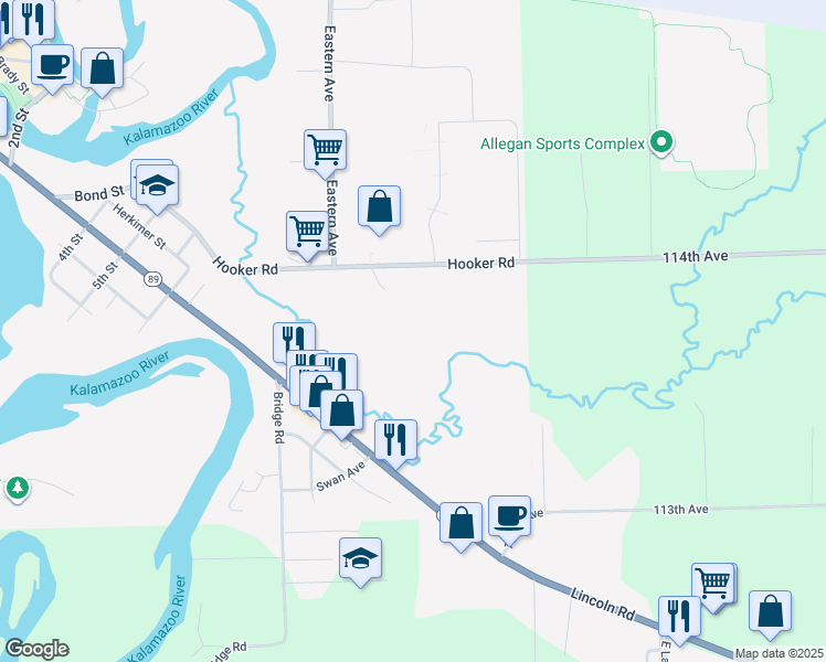 map of restaurants, bars, coffee shops, grocery stores, and more near 621 114th Avenue in Allegan