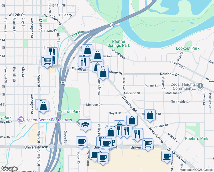 map of restaurants, bars, coffee shops, grocery stores, and more near 1917 Waterloo Road in Cedar Falls