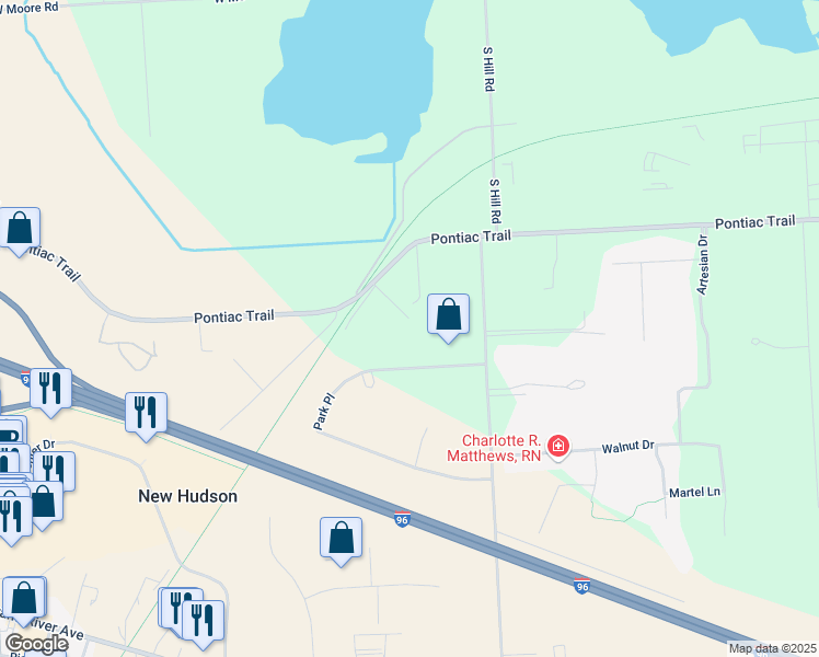 map of restaurants, bars, coffee shops, grocery stores, and more near 31171 Butterfield Lane in Lyon Charter Township