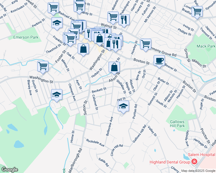 map of restaurants, bars, coffee shops, grocery stores, and more near 44 Aborn Street in Peabody