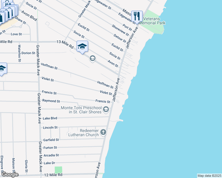 map of restaurants, bars, coffee shops, grocery stores, and more near 31033 Dorion Street in St. Clair Shores
