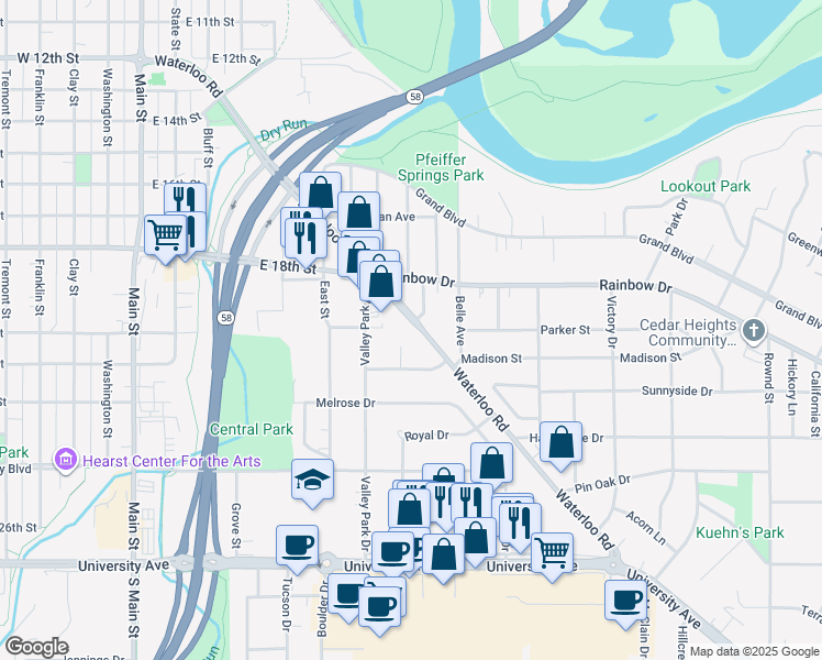 map of restaurants, bars, coffee shops, grocery stores, and more near 1928 Elmwood Avenue in Cedar Falls