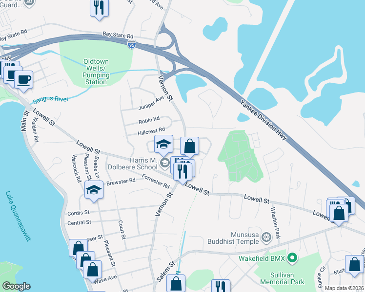 map of restaurants, bars, coffee shops, grocery stores, and more near 1 Woodcrest Drive in Wakefield