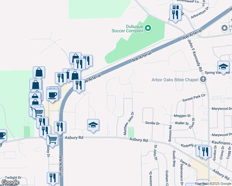 map of restaurants, bars, coffee shops, grocery stores, and more near 2552 Hilton Springs Drive in Dubuque